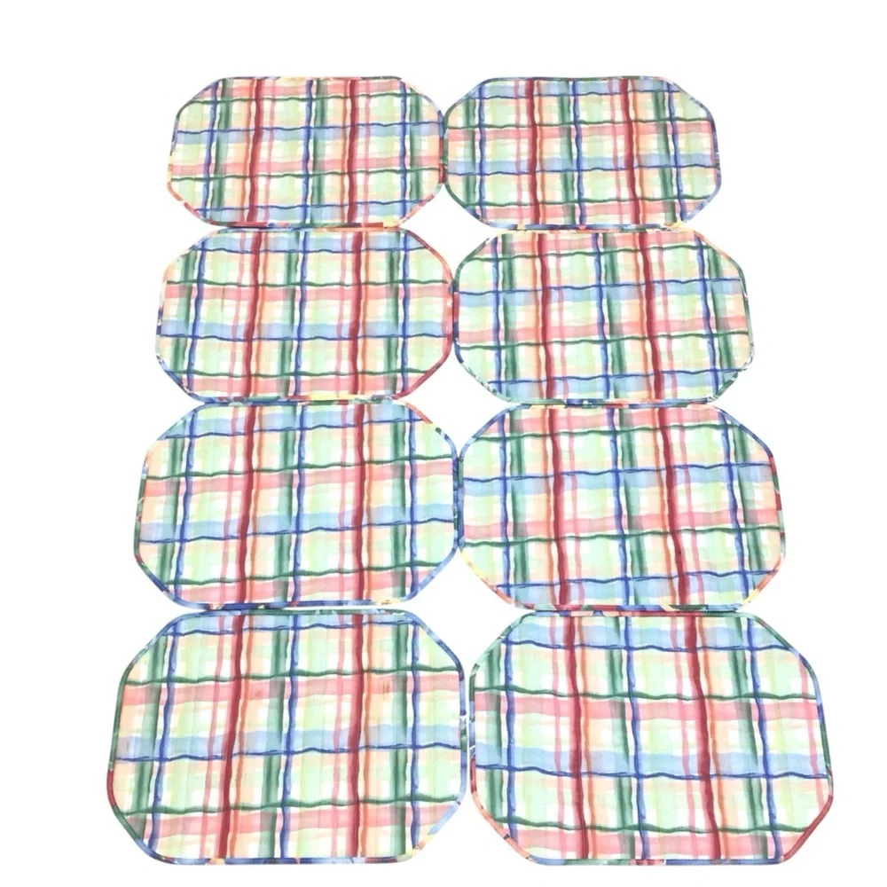 Vintage 80s Reversible Floral Plaid Placemats Set of 8 Quilted Cottagecore